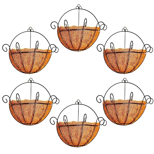 Shoplala Wall Planters Outdoor Plants (10 Inch, 6 Pack) Balcony Planters Railing Hanging Fence Planter Over Railing with Coco Liner, Wall Mounted Flower Basket Black Metal Wire Deck Porch Patio Garden - size: 10" (25cm) x 6 Pack