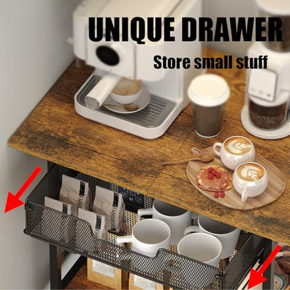 3 Tier Slim Rolling Coffee Cart with 2-Door & Pull-Out Wire Basket Drawer, Coffee Bar Cabinet on Lockable Casters, 32.7" H Microwave Cart with Storage for Home, Kitchen, Dining Room (Rustic Brown) - size: Medium