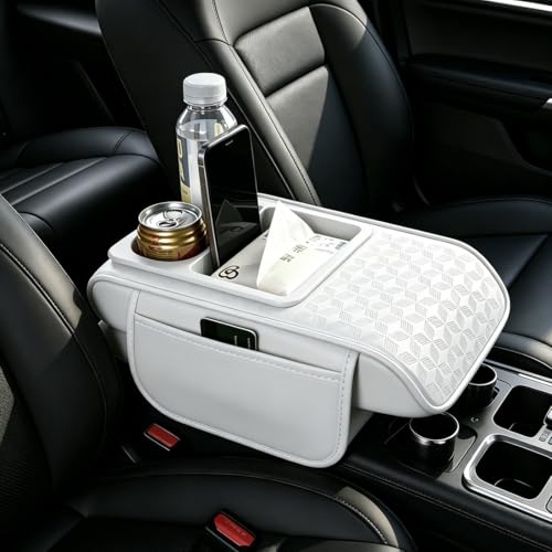Car Center Console Cover, Auto Car Armrest Cushion 5-in-1 with Cup Holder, Tissue Box Slot, Phone Slot for Vehicle, Car Accessories Interior Storage Organizers (White) - color: White