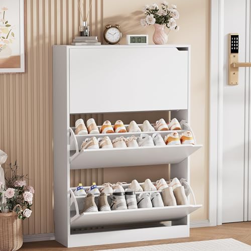 Shoe Storage Cabinet, Wood Shoe Organizer for Entryway with 3 Flip Drawers, Freestanding Shoe Rack with Adjustable Shelf, Narrow Shoe Dresser for Front Door Entrance (White, 3 Drawers) - color: White, size: Regular 3 Drawers