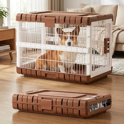 ZOMISIA Collapsible Dog Crate for Dogs - 28" L Heavy Duty Dog Kennel No Tools Required with 4 Sides Steel Foldable Cage for Dogs Indoor, Portable Carrier with 2 Smooth Wheels, Woodgrain - color: Woodgrain, size: 27.95 x 18.9 x 21.65 in