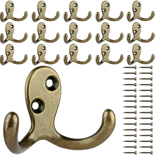 IBosins 16 Pack Heavy Duty Double Prong Coat Hooks Wall Mounted Antique Brass Wall Hook Rustic Utility Hooks for Coat, Scarf, Bag, Towel, Key, Cap, Cup, Hat - color: 16 Pcs Antique Brass