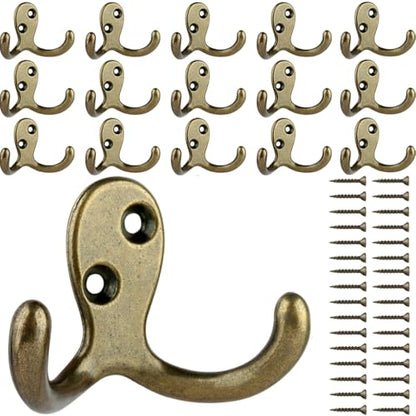 IBosins 16 Pack Heavy Duty Double Prong Coat Hooks Wall Mounted Antique Brass Wall Hook Rustic Utility Hooks for Coat, Scarf, Bag, Towel, Key, Cap, Cup, Hat - color: 16 Pcs Antique Brass