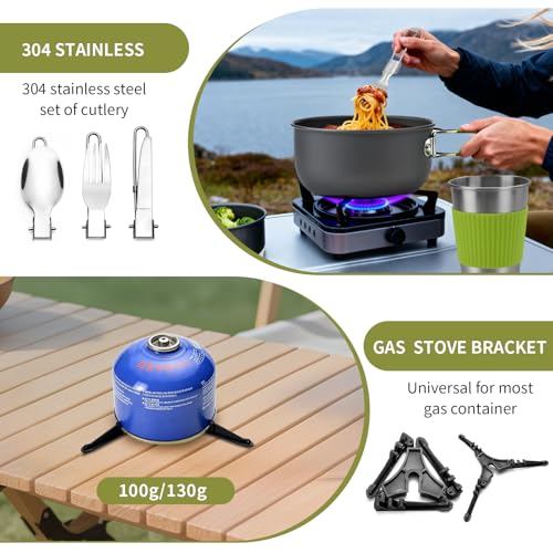 aiGear 8pcs Camping Cooking Set for 1-2 People with Pot Cutlery Stove Stand | Lightweight aluminum nonstick cookware, folding handles, nesting design, portable for camping, picnic, hiking, backpacking - color: Green