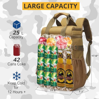 Tactical Backpack Cooler,Lunch Backpack for Men Adults Work with Handle，Soft Cooler Backpack Insulated Waterproof Leak Proof - color: Brown