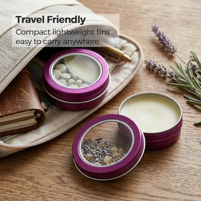 2 oz (60ml) Purple Aluminum Tins with Clear Lids and Labels, 24 Pack | Clear View Lid, Secure Packaging, Tight Screw Lids, Includes Blank Labels, 11 Color Options - color: Purple