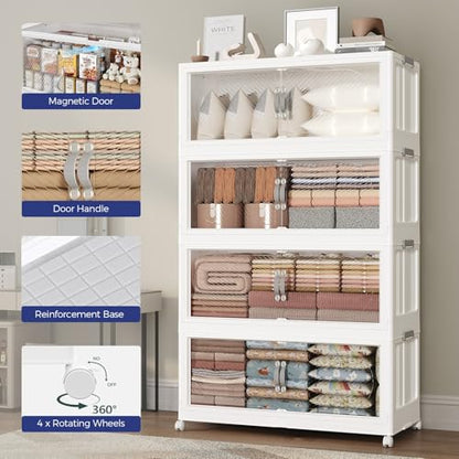 360QT Extra Large Stackable Storage Bins with Lid & Wheels & Doors, 90Gal Foldable Collapsible Closet Organizers, Plastic Cabinet Box Container Drawer for Home Kitchen Bedroom, 3Pack White - style: 3Pack