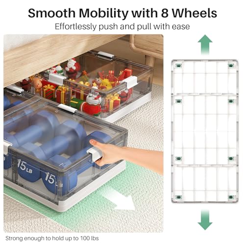 Kitstorack 2 Pack Plastic Under Bed Storage Bins with Lids and 8 Pre-installed Wheels,Rolling Low Rrofile Under bed Containers Box for Clothes Shoes, 37.8 Qt, Long, Clear, Flat, Large - size: Standard - 2 PACK