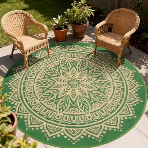 Outdoor Rugs for Patio Waterproof 8Ft Round, Outside Reversible Mats, Portable Plastic Straw Rug, Lightweight RV Camping Mat Floor Carpets for Deck Porch Picnic Beach Garden, Green/Camel - color: Green/Camel, size: 8' (Round)