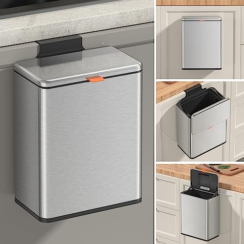 Mbillion Kitchen Compost Bin Hanging Trash Can with Lid 2.1 Gallon Stainless Steel Garbage Can for Kitchen Cabinet Door Mounted Trash Can Under Sink Door RV Bathroom,Silver - color: Silver, size: 2.1 Gal