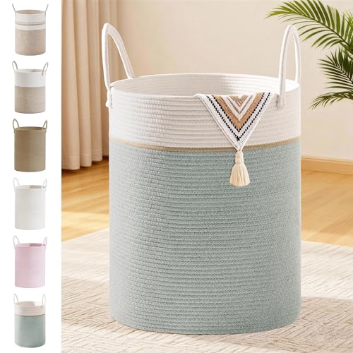88L Large Tall Cotton Rope Laundry Basket with Handles, Sage Green | Storage Bin for Clothes, Blankets & Kids Toys, Boho Woven Hamper, Portable Organizer for Nursery, Bedroom, Living Room - color: Sage Green, size: 88L