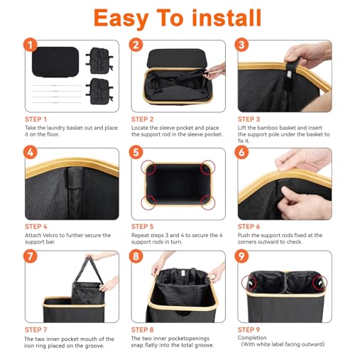 GARPROVM Double Laundry Hamper with Lid 150L Large Laundry Basket with Bamboo Handles Foldable Clothes Hampers with 2 Removable Liner Bags for Laundry for Bedroom Bathroom Dorm Laundry Room, Black - color: Black