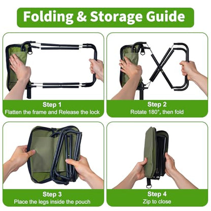 Portable Ultralight Collapsible Camping Stool,Stool Folding Chair,Lightweight Handy Fishing Stool 350 LB,Backpack Pocket Stool for Hiking Picnic Travel with Sunglass Bag and Magnetic Hat Clip - color: Green+large