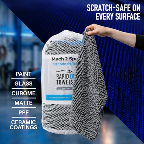 Rapid Dry Towels Mach 2 Speed Car Wash Towel | 23.5 x 11.9 in | Chenille Microfiber Car Wash Cloth | 7X Larger Than Wash Mitt | Ultra Absorbent, Scratch-Free, Auto Detailing Towel for Cars SUVs Trucks