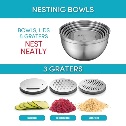 Belwares Mixing Bowls with Lids Set of 5 - Stainless Steel Mixing Bowl Set, Kitchen Nesting Metal Bowls with Non Slip Bottoms + 3 Grater Attachments, Airtight Lids, Food Prep + Storage, Matte Black - color: Matte Black, size: 5-Piece