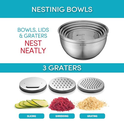 Belwares Mixing Bowls with Lids Set of 5 - Stainless Steel Mixing Bowl Set, Kitchen Nesting Metal Bowls with Non Slip Bottoms + 3 Grater Attachments, Airtight Lids, Food Prep + Storage, Matte Black - color: Matte Black, size: 5-Piece