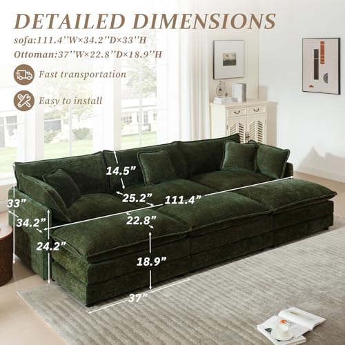 SoarFlash Chenille Sectional Sofa, Comfy Modular Coush Sofa with Ottoman, Modern 3 Seat Recliner Deep Seat Sofa Set for Living Room,Green - color: Green, size: 3 Seat+3 Ottoman
