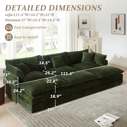 SoarFlash Chenille Sectional Sofa, Comfy Modular Coush Sofa with Ottoman, Modern 3 Seat Recliner Deep Seat Sofa Set for Living Room,Green - color: Green, size: 3 Seat+3 Ottoman