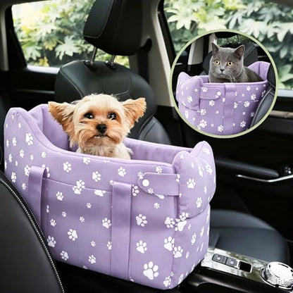Center Console Dog Car Seat Safe Travel for Small Dogs Under 15 lbs Detachable Washable Pet Carrier with Storage Pockets & Safety Leash (Purple) - color: Purple