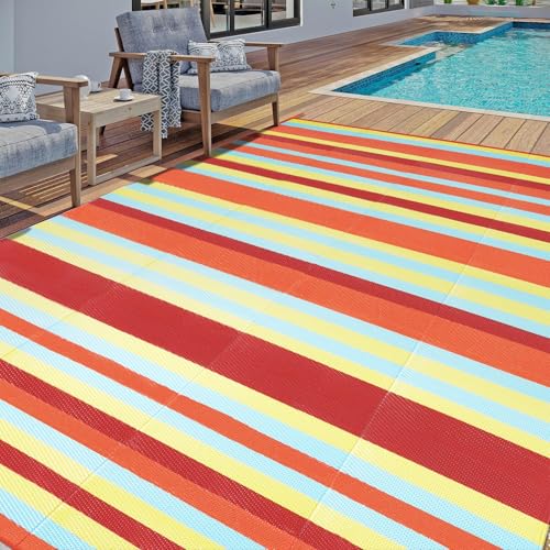 HUGEAR Outdoor Waterproof Rug 8'x10' Plastic Straw Rugs Washable Reversible Floor Mat Rainbow Stripe Carpet for Camping RV Deck Entryance Porch Picnic Balcony Beach Backyard - color: Stripe/Colorful, size: 8' x 10' (Rectangular)