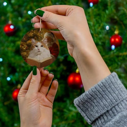 Festive White Red Turkish Van Cat Christmas Ornament 2026 Pet Santa Reading Book Circle Ceramic Holiday Tree Decor Hanging Keepsake Gifts for Turkish Van Cat Lovers