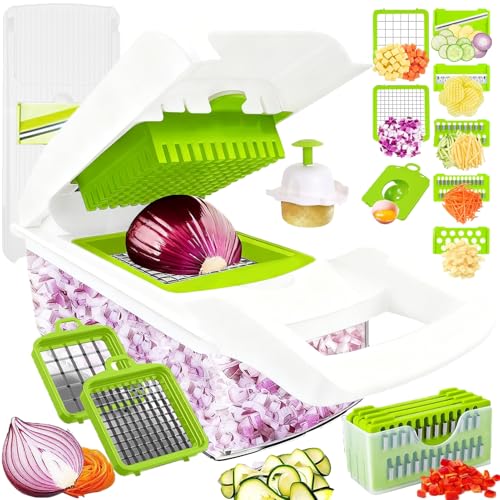 Dewpeton Pro-Series 16-in-1 Mandoline Slicer & Spiralizer, Veggie Chopper with Container for Onion Salad & More - color: White, size: 8 Blades