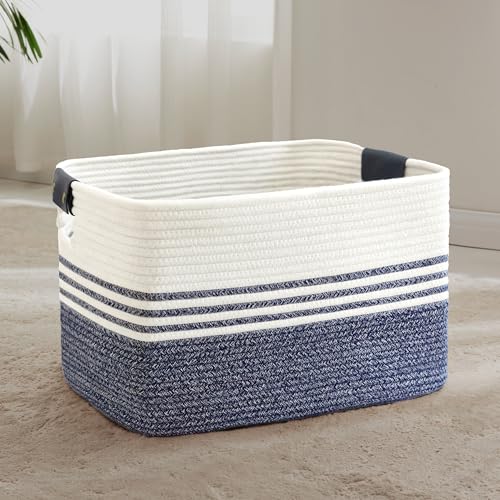 72L Large Laundry Basket with Leather Handles for Living Room Storage, Woven Rope Baskets Bin for Blanket, Kids Toy, Gifts, Wicker Hamper for Bedroom Dirty Clothes, 22"x17"x12" Denim Blue - color: Denim Blue, size: 72L