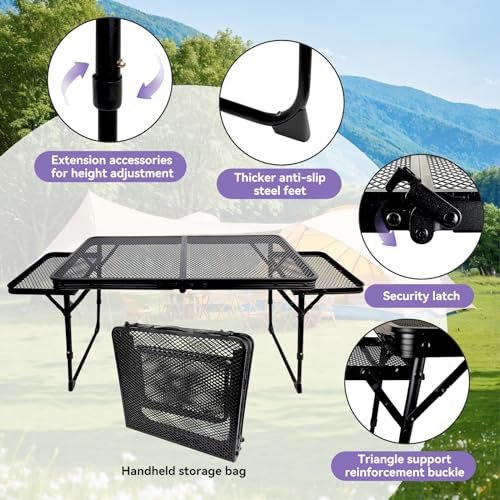 BRIAN & DANY Folding Grill Table Camping Table, Metal Portable Picnic Table, Lightweight Height Adjustable Foldable Table for Outdoor, Black, 40.16"x15.7"x11.8/14.9" - size: 3.2x1.3FT
