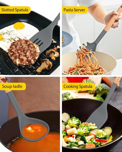 Silicone Kitchen Utensil Set for Non Stick Cookware, 7 Pcs Heat Resistant Cooking Utensils with Wooden Handle, BPA Free Kitchen Tools with Spatulas, Spoons, Skimmer and Pasta Fork (GRAY) - color: Gray