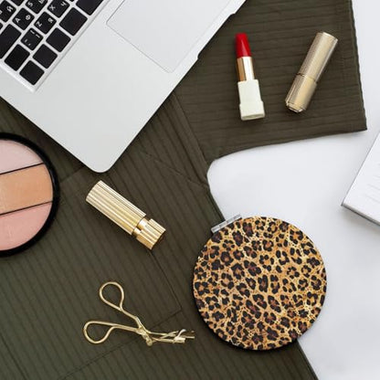 Cheetah Leopard Brown Print Foldable Travel Pocket Mirror Round PU Leather Portable Mini Makeup Double Sided Handheld Magnifying,2.6 in - color: Cheetah Leopard Brown