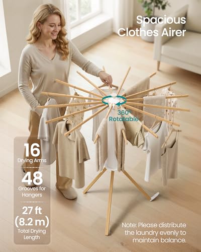 SONGMICS Clothes Drying Rack Foldable, Rotary Tripod Laundry Drying Rack, Rotatable Portable Floor Standing Clothes Airer, Laundry Room Balcony, 16 Pull-Out Wood Arms, Natural Color ULLR530YW01 - style: Wood Arms