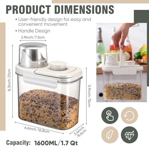 Maxdot 2 Pcs Bird Seed Storage Container 1.7 Qt/1.6 L with Tight Lids Airtight Cup Pet Food Storage Measuring Containers Lids with Pouring Spouts for Macaws African Grey Cockatoos(Beige) - color: Beige