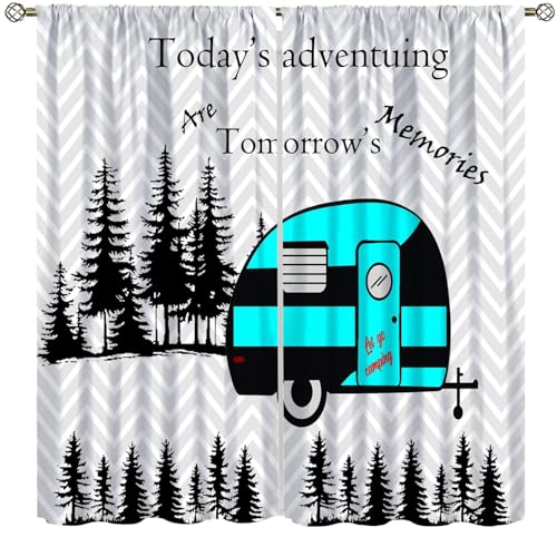 Camper Curtains，Morden Trailer Travel with Tree Gray Grey White Stripes Camping Window Drapes for Stall Travel Trailers Camp Bedroom Living Room Decor 42" W X 45" L - color: Camping-1, size: 20.5"W x 45"L (Pack of 2)