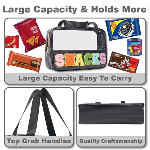 Snack Bags Chenille Letter Clear Makeup Bag Snacks Bags for Travel, Clear Snack Pouch, Preppy Cosmetic Bag, Sunscreen Bag, Travel Toiletry Pouches Cosmetic Pouch for Women and Girls - color: Black