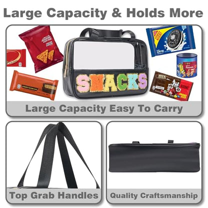Snack Bags Chenille Letter Clear Makeup Bag Snacks Bags for Travel, Clear Snack Pouch, Preppy Cosmetic Bag, Sunscreen Bag, Travel Toiletry Pouches Cosmetic Pouch for Women and Girls - color: Black