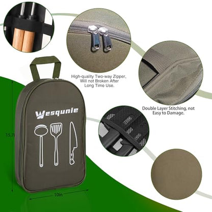 Wesqunie Camping Essentials Cooking Utensils Set - 30Pcs Stainless Steel & Silicone Camp Kitchen Cookware Set, RV Picnic Grill Equipment - color: green-pro