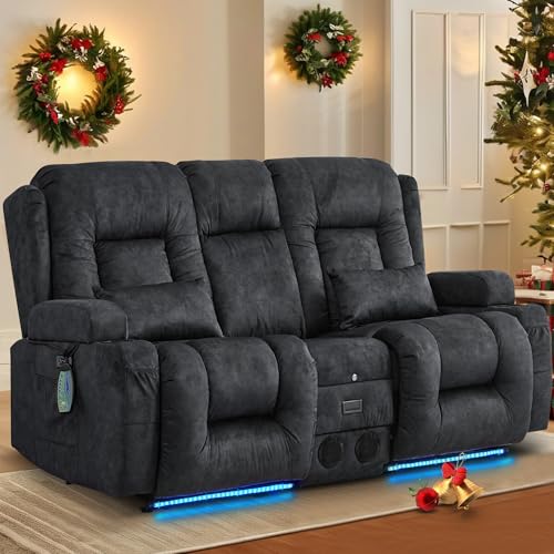 TUNYI Power Loveseat Recliner Sofa with Massage & Heat Home Theater Seating with Console RV Recliner Loveseat Sofa with USB/Storage/Side Pocket/LED Light/Speaker (Grey, Loveseat) - color: Grey, size: 2 Seat