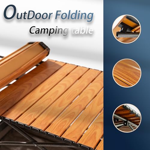 Outdoor Folding Table, Built-in Storage & Carry Bag | Ultralight 7.93LBS, 225LBS Heavy Duty, Aluminum Top, Carbon Steel Frame, for Camping, Picnic, Beach, BBQ - color: Wood