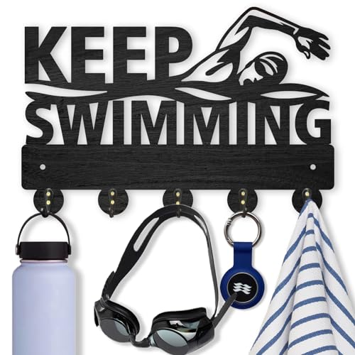 MAYJOYDIY Swimming Wall Mount Coat Rack Key Holder 11.8×8inch Wood Wall Coat Rack Hooks Coat Hooks 5 Alloy Hooks Keep Swimming Wall Hooks for Hanging Swimming Caps Goggles Home Decor Gift - color: Swimming