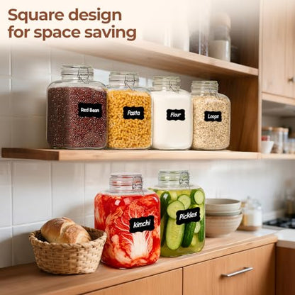ComSaf 1.1 Gallon (4L) Square Glass Jars 2-Pack - Large Airtight Food Storage Canisters with Clamp Lids for Bulk Flour, Rice, Sugar, Coffee Beans, Fermentation, Pickling, Farmhouse Pantry Organization - size: 1.1 Gal*2