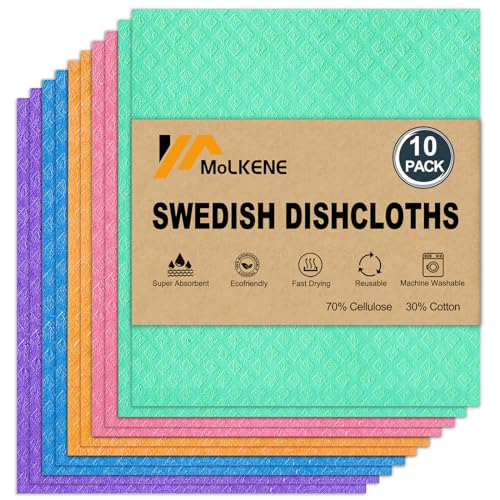 MoLKENE Swedish Dish Cloths - 10 Pack Reusable Kitchen Dishcloths - Ultra Absorbent Dish Towels for Washing Dishes - Cellulose Sponge Cloth Cleaning Rag - Assorted - color: 10 Pack Assorted Colors, size: 10 Pack