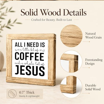 Wood Coffee Sign All I Need Is A Little Bit Coffee And A Whole Lot Of Jesus Farmhouse Coffees Wooden Plaque Handmade Wall Sign for Coffees Bar Kitchen Office Cafe Signs for Home Shelf 5.9x5.9 Inch - color: Coffee 16