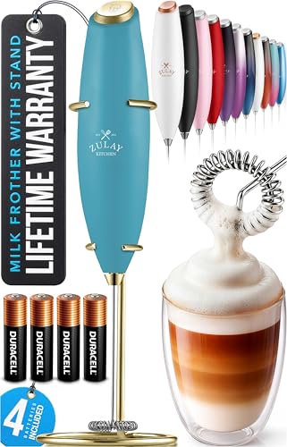 Zulay Kitchen Powerful Milk Frother Wand With Duracell Batteries - Ultra Fast Handheld Drink Mixer - Electric Whisk Foam Maker for Coffee, Lattes, Cappuccino & Matcha - Z1 Motor - Lake Gold - color: Crystal Harbor, size: Z1 Motor + Batteries
