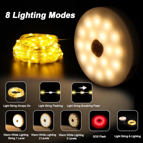 Camping String Light 4 in 1 Retractable 42ft Solar /USB Rechargeable 3600mAh Waterproof Hanging Outdoor Camping Lantern with 8 Lighting Modes, Portable Tent Lights for Hiking, Yard, RV (Warm Light)