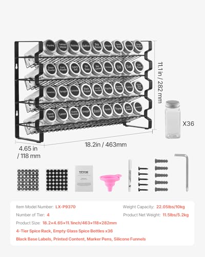 VEVOR Spice Rack Organizer for Cabinet, Spice Organizer with 36 Empty Spice Jars, Lids, Spice Labels, and Funnel Complete Set, Seasoning Organizer for Countertop, Kitchen, Pantry, Cupboard, 18x11 in - size: 18x11 in