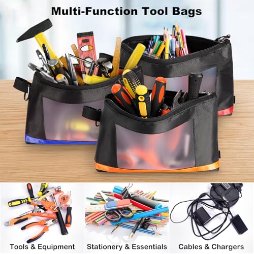 KENOBE 13" Tool Pouches with Zipper, Heavy Duty Small Tool Bag with Visible Window, Multipurpose Storage Utility Pouch for Tools, Gadgets, Cosmetics, Stationery, Travel Accessories, 3 Pack