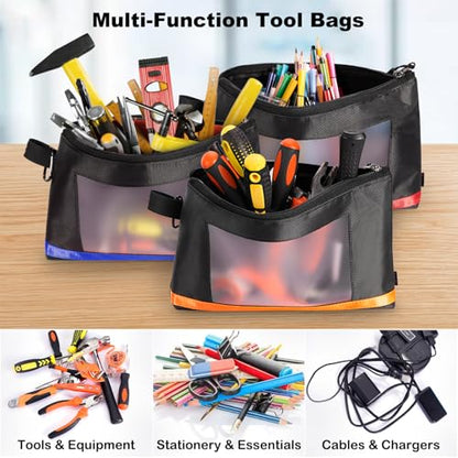 KENOBE 13" Tool Pouches with Zipper, Heavy Duty Small Tool Bag with Visible Window, Multipurpose Storage Utility Pouch for Tools, Gadgets, Cosmetics, Stationery, Travel Accessories, 3 Pack