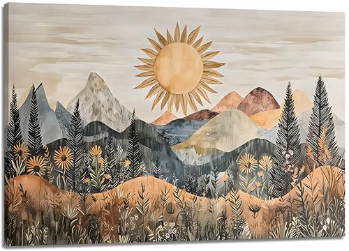 1Pc Framed Bohemian Sun Landscape Wall Art, Colorful Mountains Canvas Prints, Vintage Wildflowers Poster Picture Decor, Suitable for Living Room Bathroom Bedroom 16x24 Inch - color: Colorful, size: 24"L x 16"W