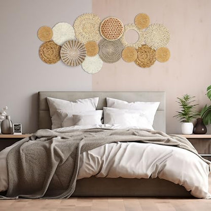 Xuhal 15 Pcs Boho Wall Basket Decor Handcrafted Seagrass Woven Wall Basket Rustic Round Woven Hanging Art for Home Farmhouse Kitchen Table Living Room(Fresh Style) - style: Fresh Style