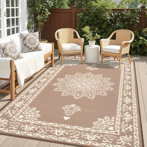 Yamaziot Outdoor Rug 6x9 Ft, Waterproof Plastic Straw Patio Rug, Reversible Backyard Carpet UV Resistant Portable RV Mat Clearance, Large Indoor Outdoor Rug for Patio, Porch, Deck, Balcony, Brown - color: Beige Brown, size: 6' x 9'